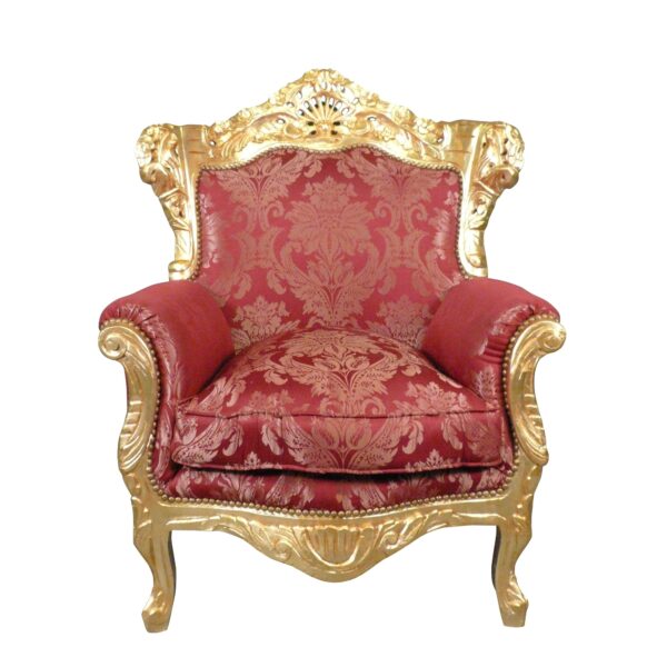 Fauteuil baroque en bois doré et tissu rouge rococo